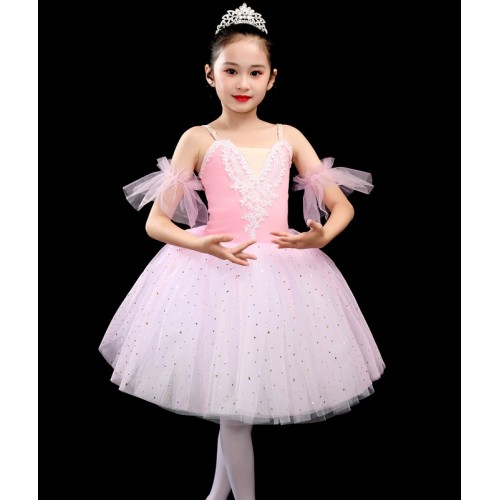 Children girls kids little swan lake white blue pink tutu skirt modern ballet dance dress long tulle sequins skirts ballerina ballet dance costumes for kids